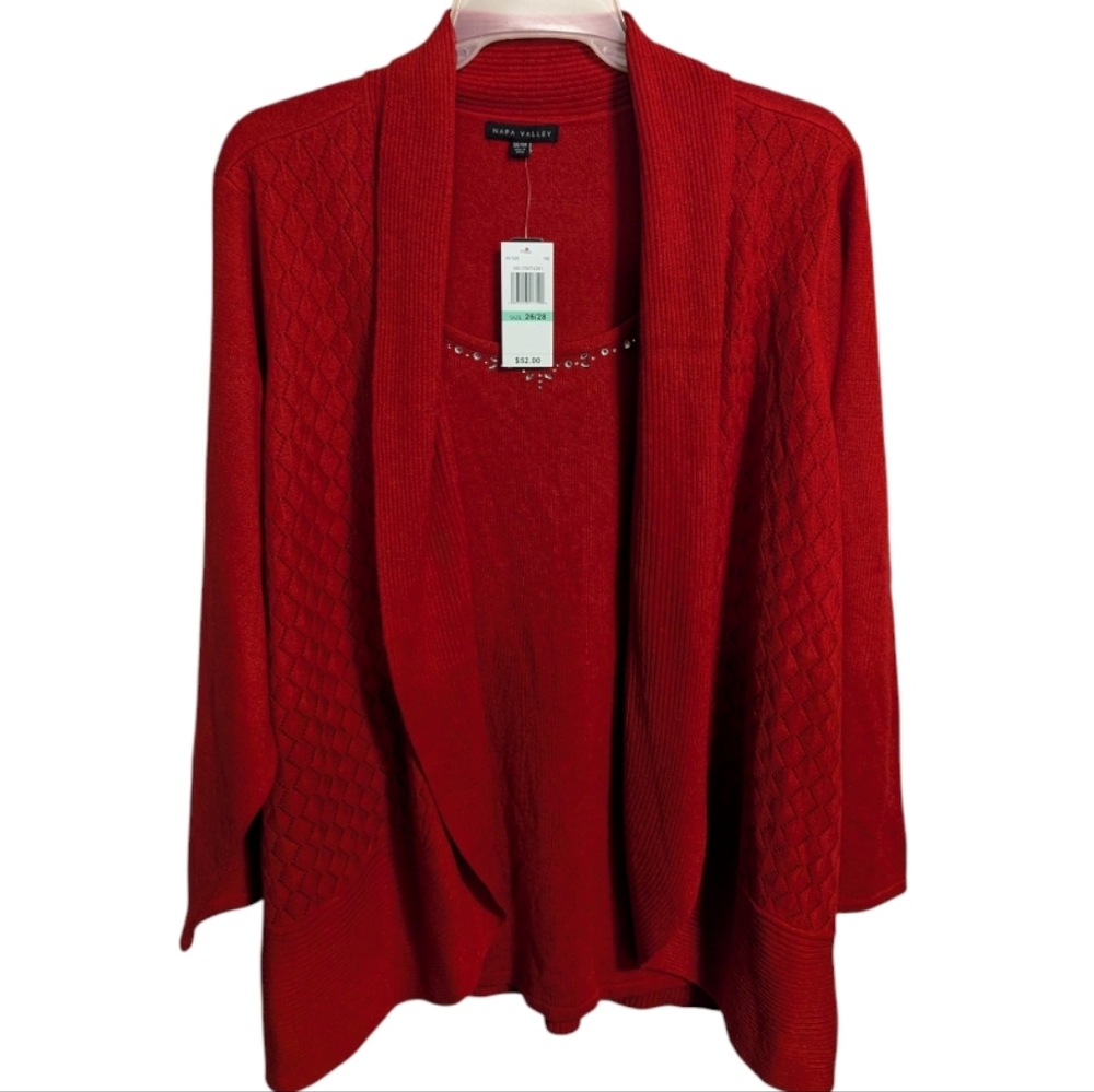 Napa Valley Cardigan Sweater top Women's 26/28 red beaded neckline W-223